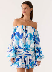 Eira Balloon Sleeve Mini Dress - Cerulean Bloom