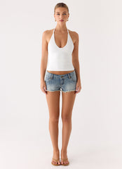 Elias Low Rise Distressed Denim Shorts - Vintage Wash Blue