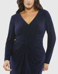Navy Front Twist Long Sleeve V-Neck Gown (Plus)