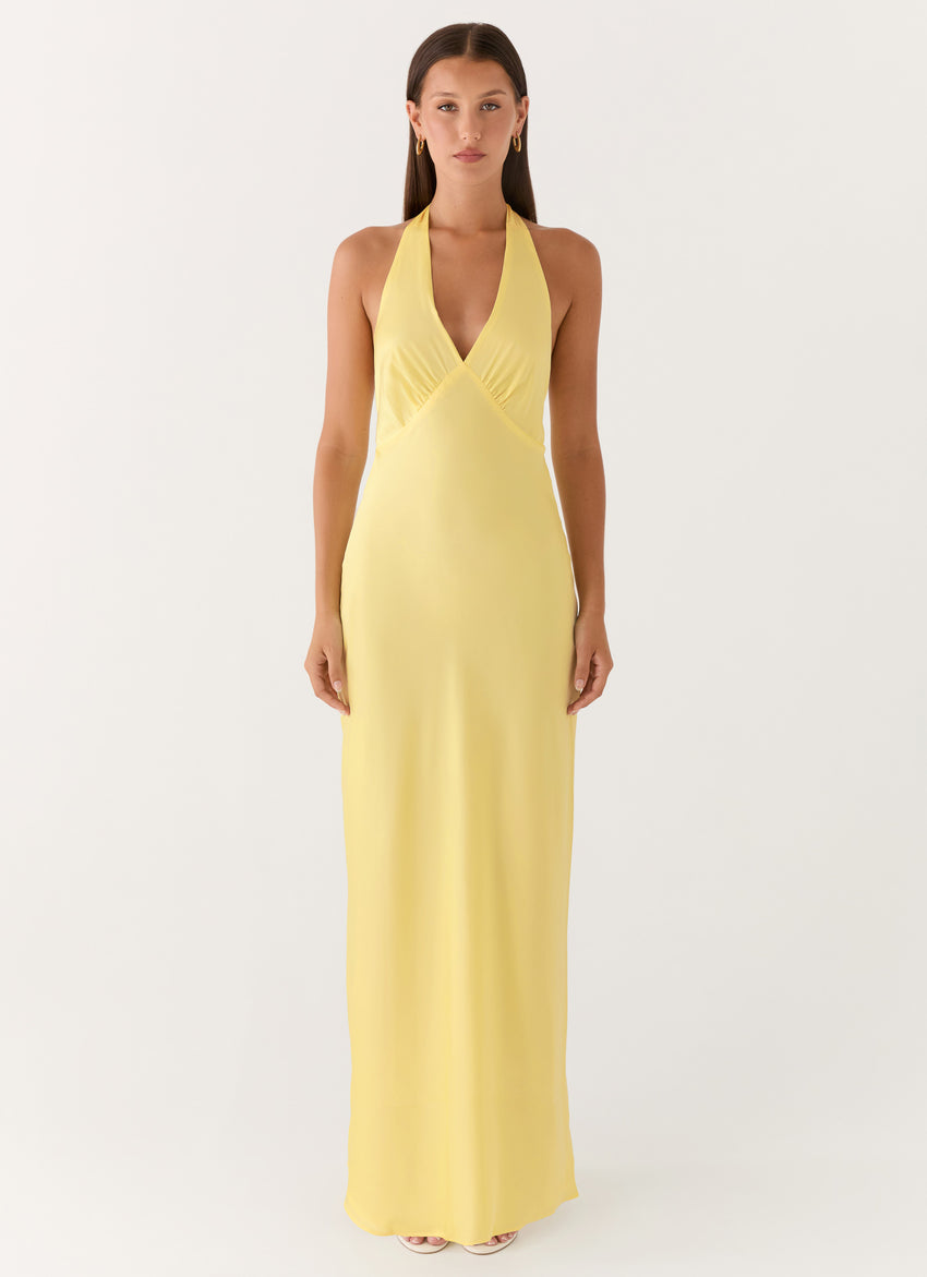 Heavy Hearted Satin Maxi Dress - Lemon