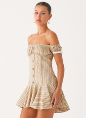 Jumana Off Shoulder Mini Dress - Off White Stripe