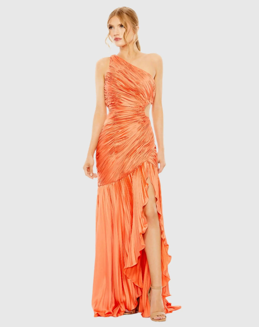 Orange Side Cut-Out One-Shoulder Pleated Gown